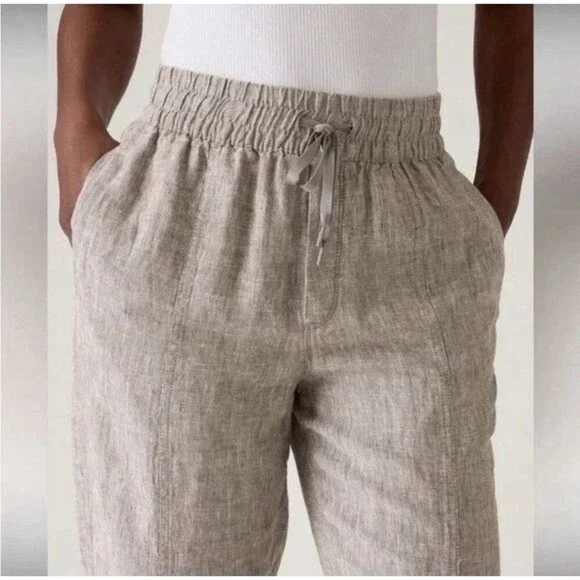 Athleta Pants Womens M Retreat Linen High Rise Ankle Pyrite Brown Lounge Beachy - Picture 2 of 13